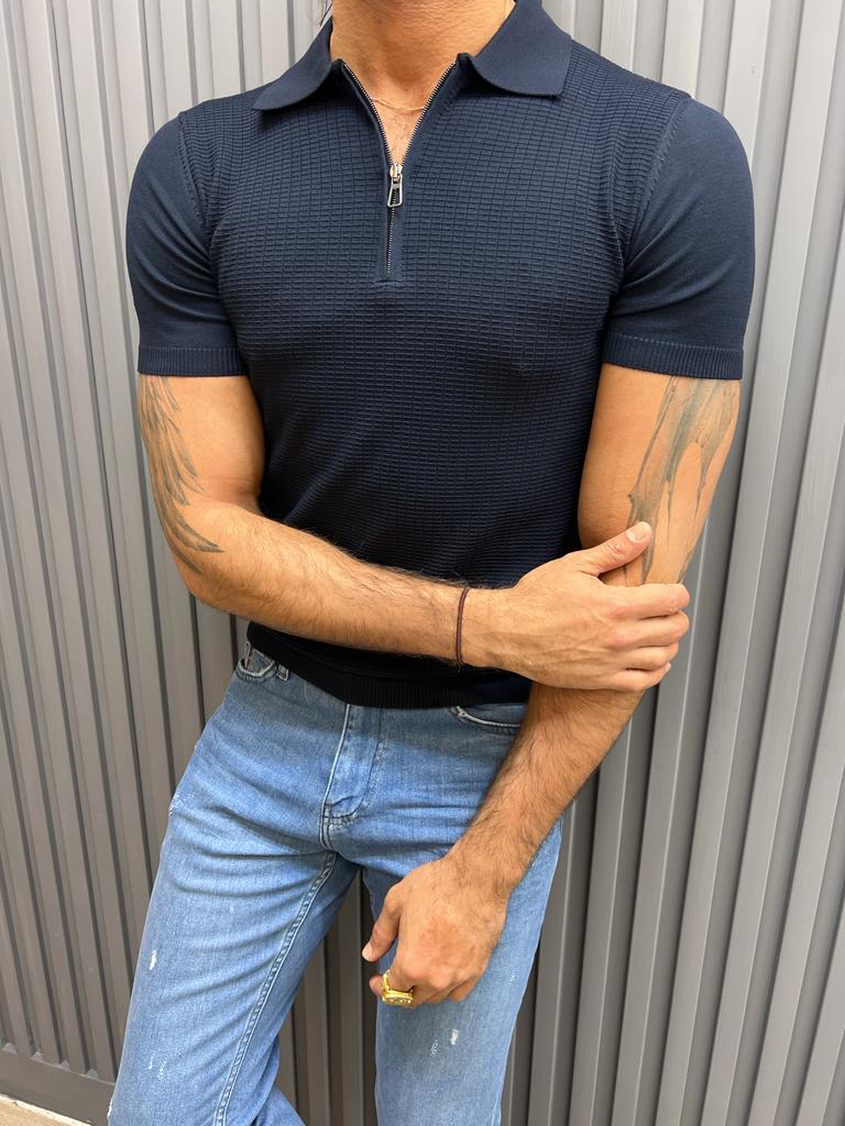 Sorento Dark Blue Slim Fit Zipper Polo T-Shirt