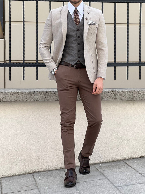 Rockford Beige Slim Fit Peak Lapel Wool Blazer for Effortless Elegance