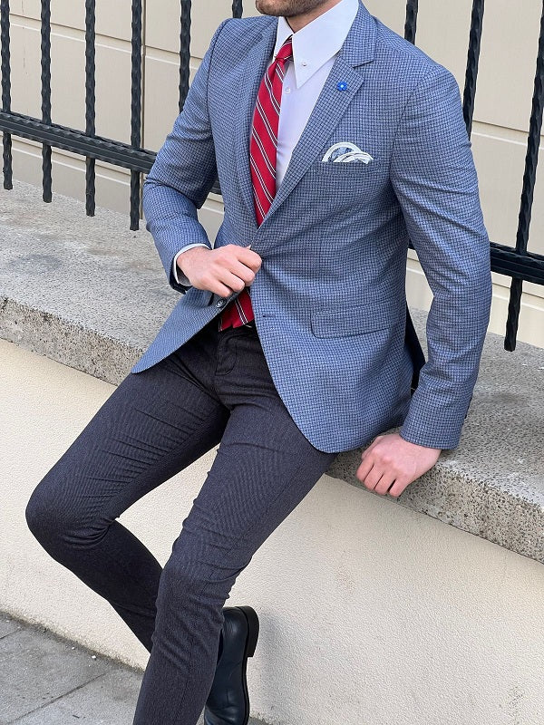 Rockford Blue Slim Fit Peak Lapel Crosshatch Check Linen Blazer