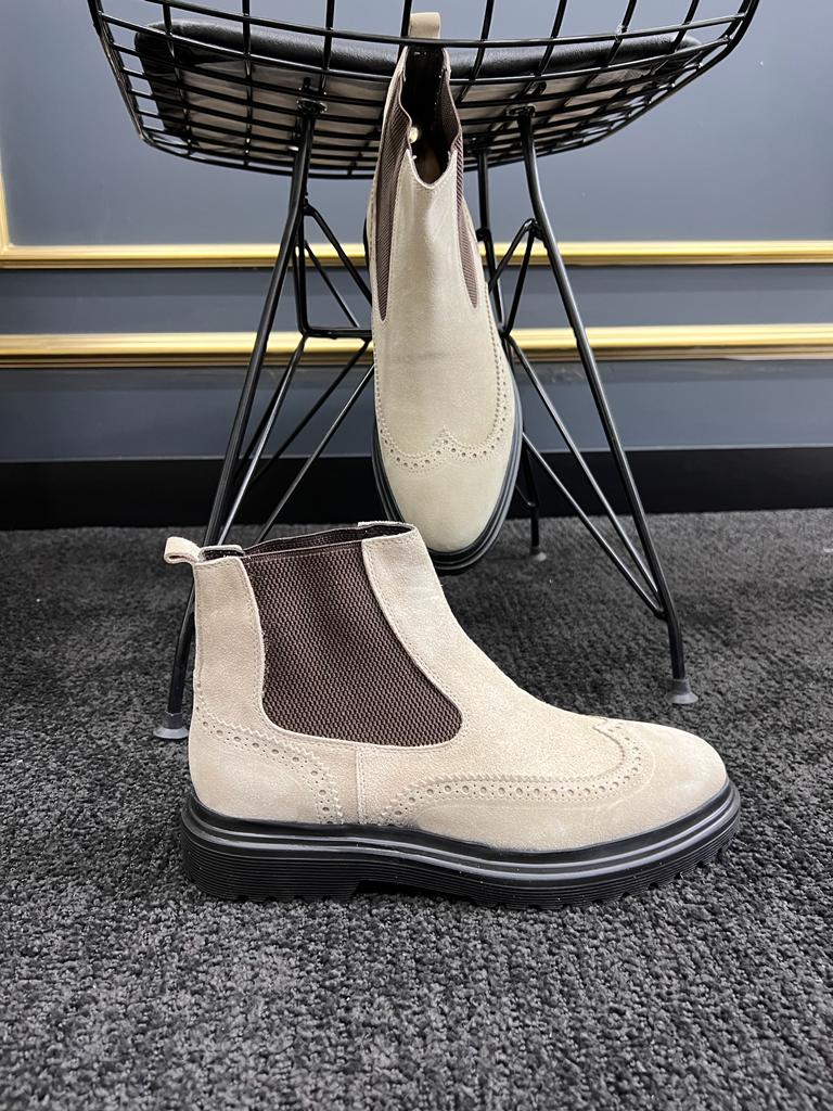 Berton Beige Suede Wingtip Chelsea Boots Stylish Comfort for Any
