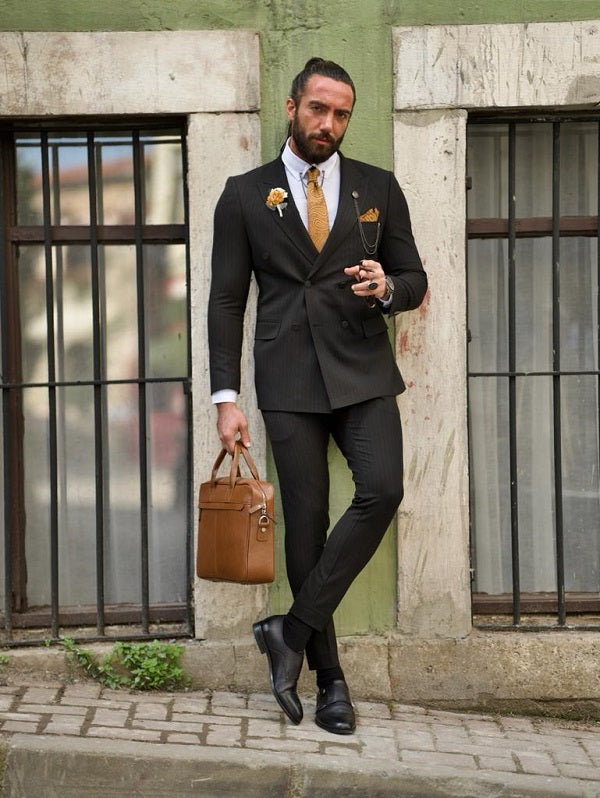 Edmond Black Slim Fit Double Breasted Pinstripe Suit