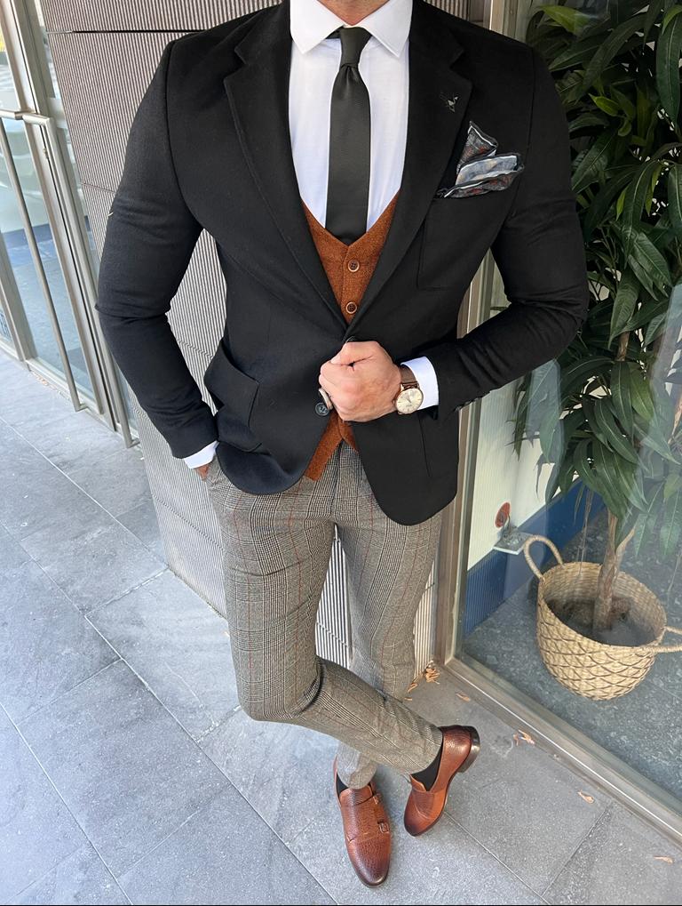 Enzo Black Slim Fit Notch Lapel Wool Blazer