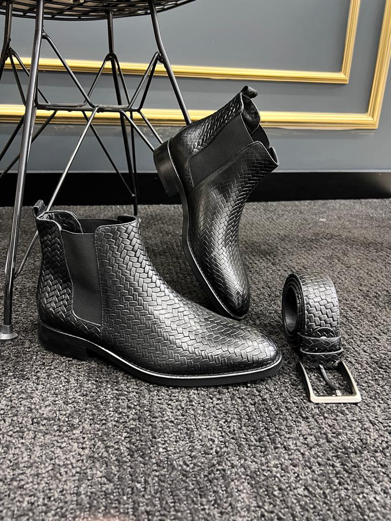 Berton Black Woven Pattern Chelsea Boots