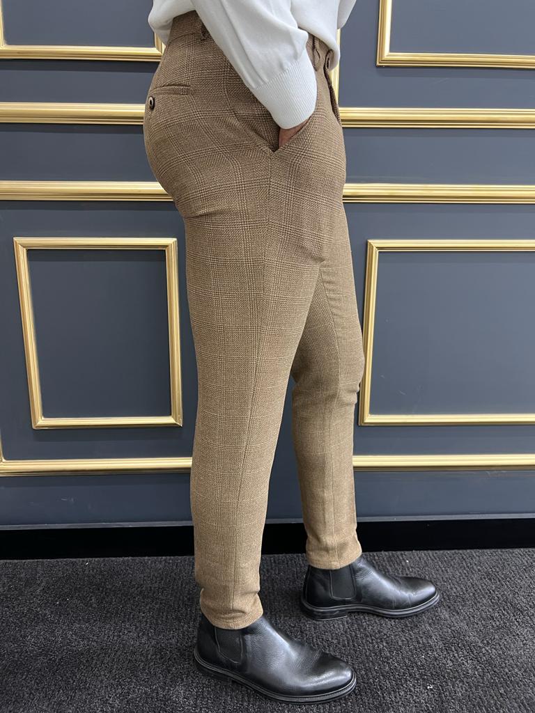 Eros Camel Slim Fit Plaid Wool Pants