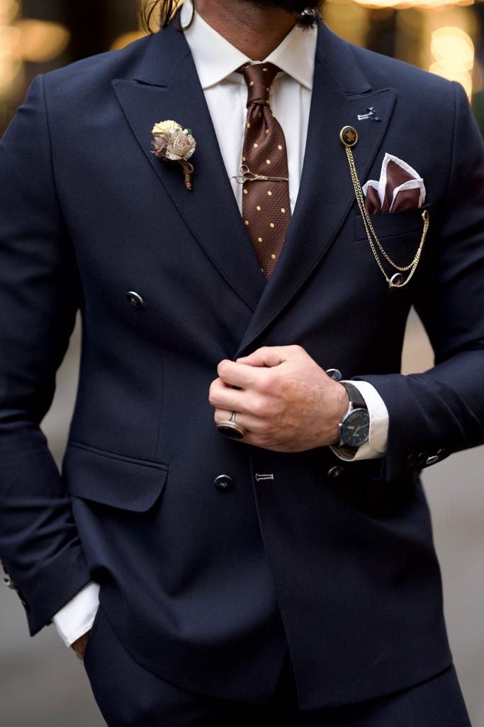 Jake Dark Blue Slim Fit Double Breasted Wool Suit