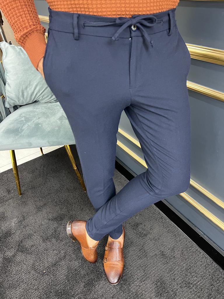 Avion Dark Blue Slim Fit Laced Pants for Versatile Style