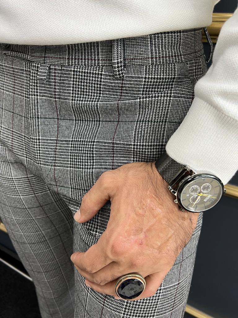 Berton Gray Black Slim Fit Plaid Pants for Any Occasion - BRABION