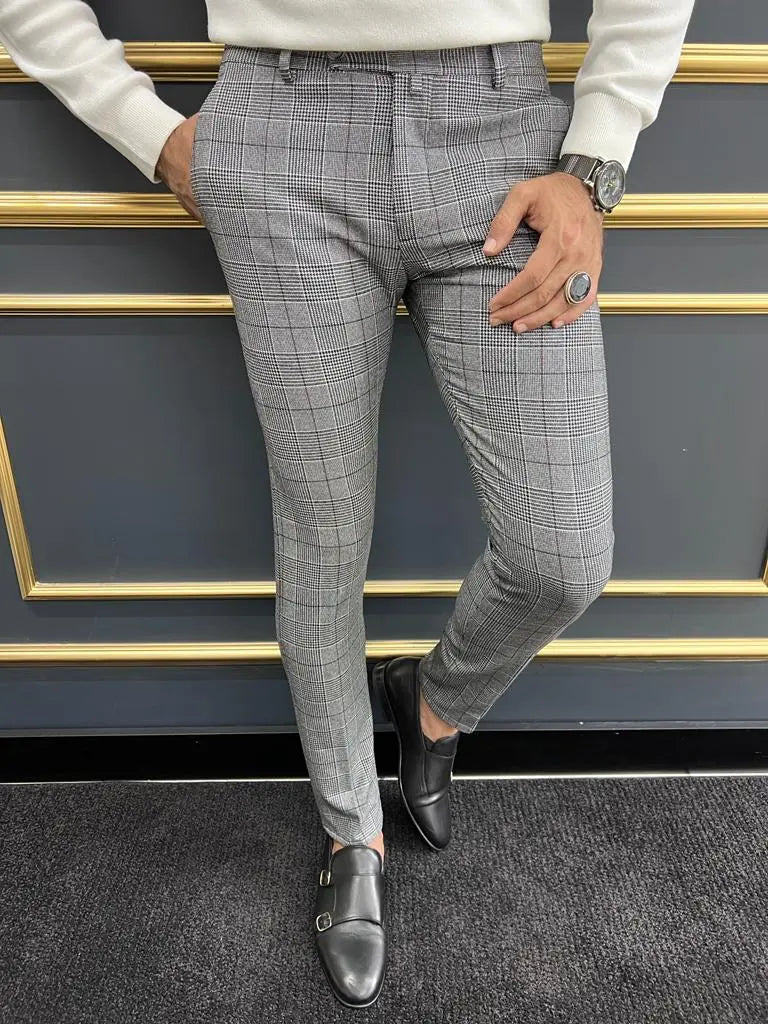 Versatile Berton Gray Slim Fit Plaid Pants - Perfect for Work or Events BRABION Versatile Berton Gray Slim Fit Plaid Pants - Perfect for Work or Events BRABION