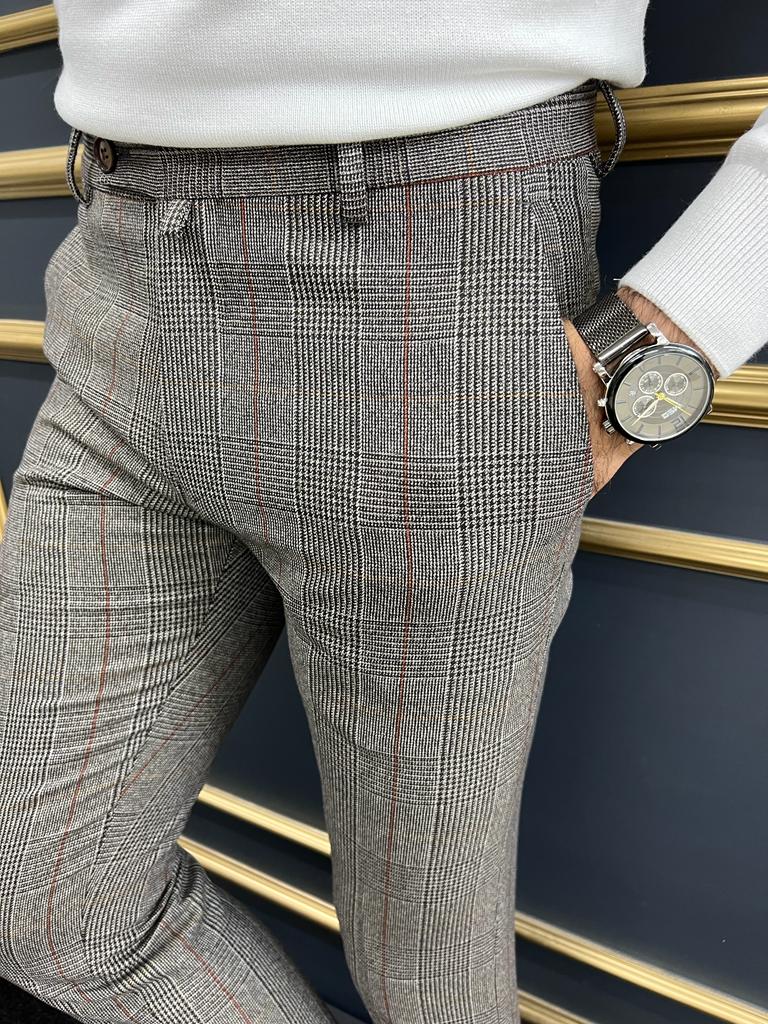 Berton Gray Burgundy Slim Fit Plaid Pants - BRABION