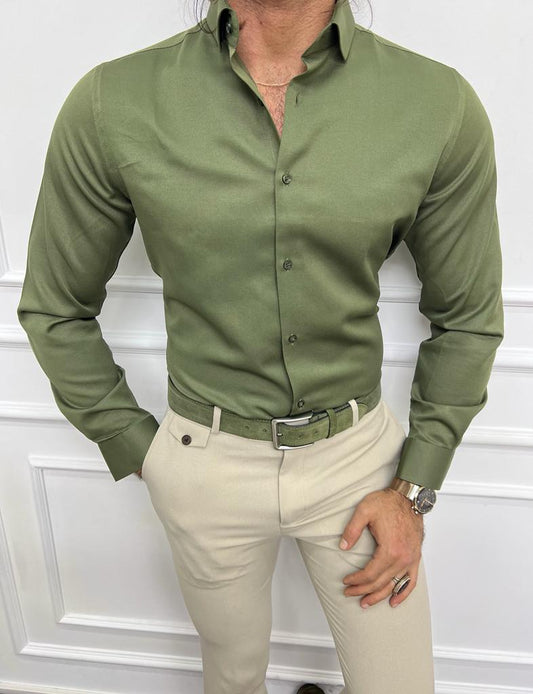 Brabion Sorento Green Slim Fit Long Sleeve Cotton Shirt