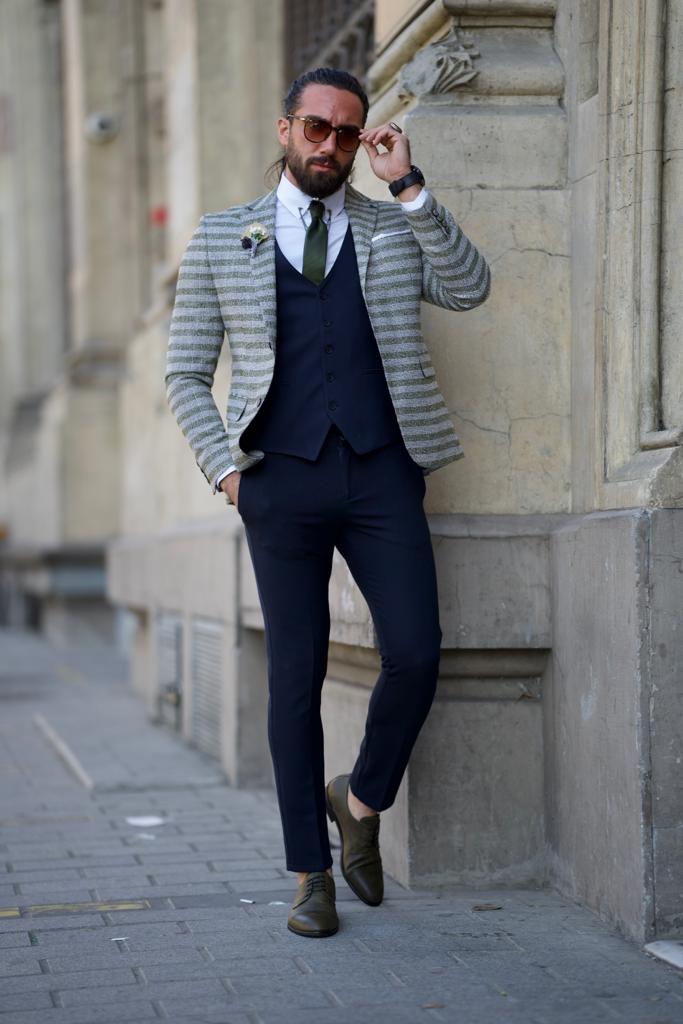 Fabio Green Slim Fit Notch Lapel Striped Blazer