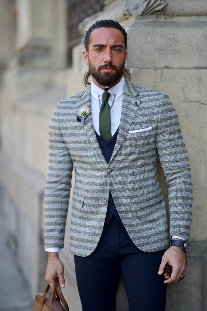 Fabio Green Slim Fit Notch Lapel Striped Blazer