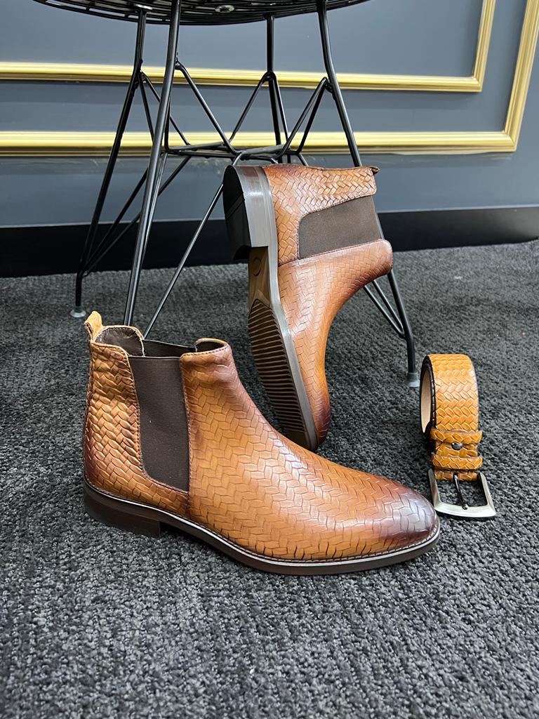 Berton Tan Woven Pattern Chelsea Boots for Men