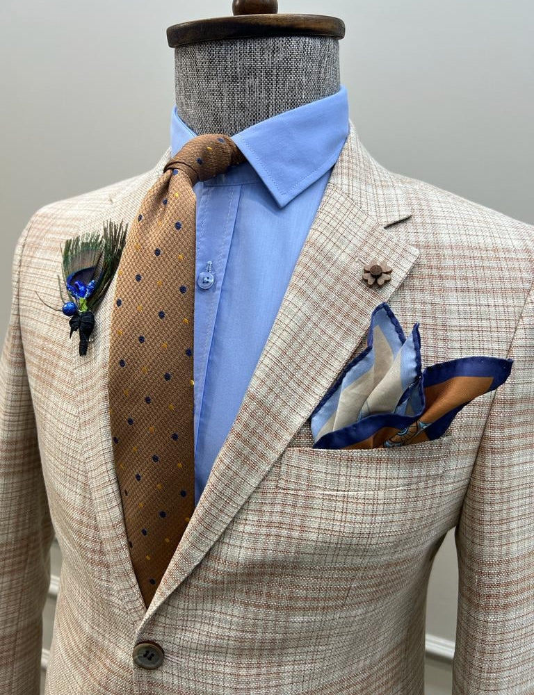 Tampa Beige Slim Fit Notch Lapel 2 Piece Plaid Suit