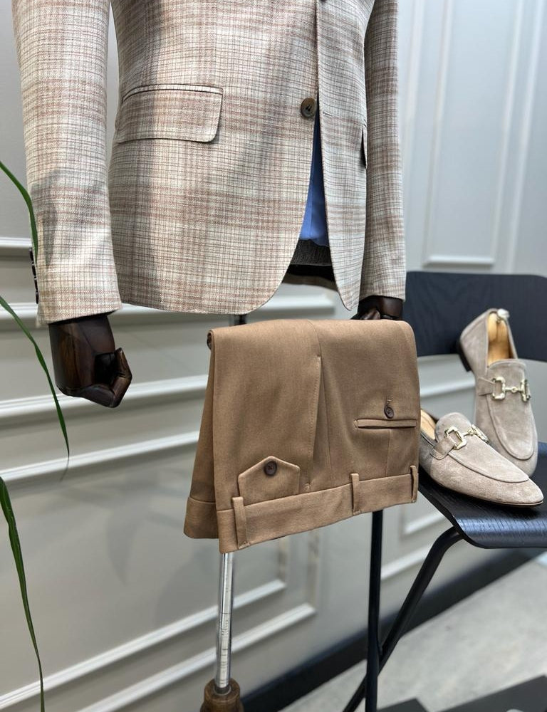 Tampa Beige Slim Fit Notch Lapel 2 Piece Plaid Suit