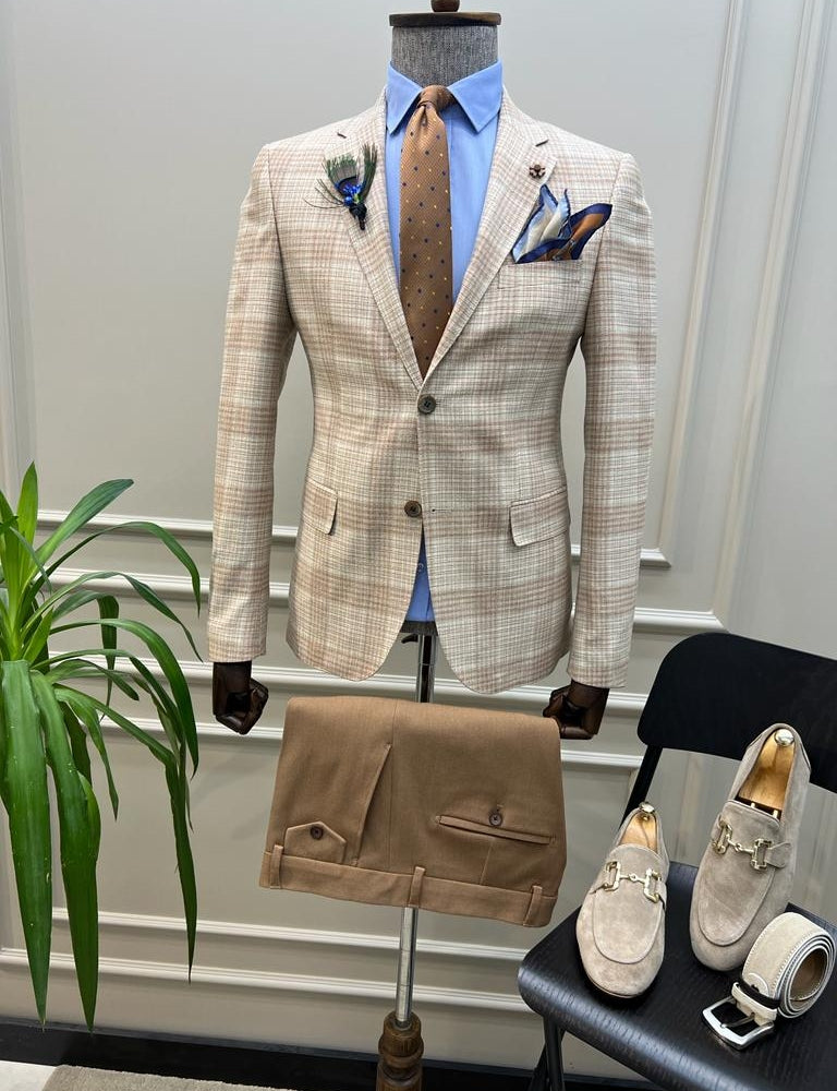 Tampa Beige Slim Fit Notch Lapel 2 Piece Plaid Suit