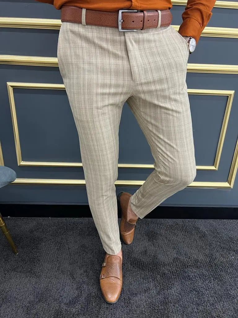 Versatile Tampa Beige Slim Fit Plaid Pants for Any Occasion BRABION Versatile Tampa Beige Slim Fit Plaid Pants for Any Occasion BRABION