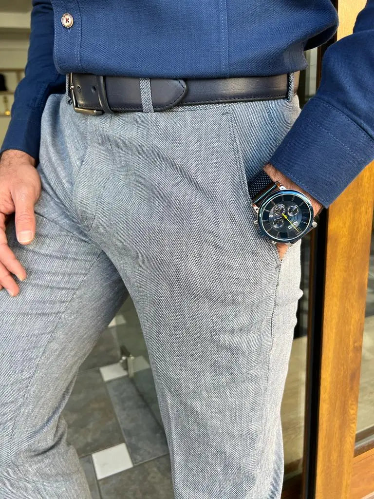 Tampa Blue Slim Fit Linen Pants - BRABION