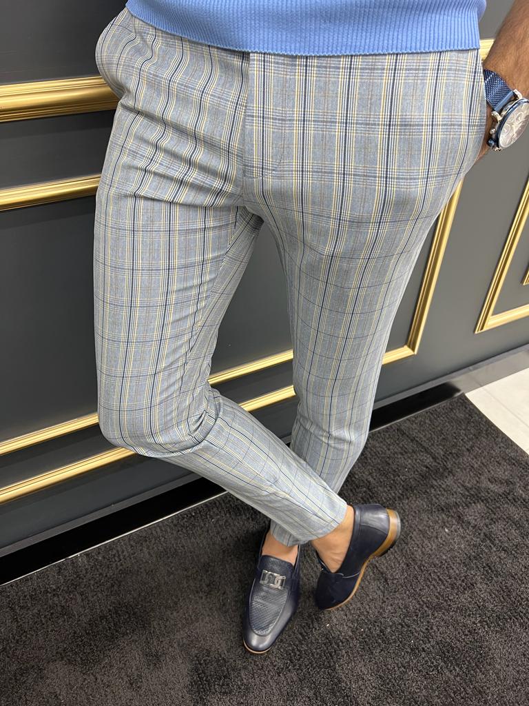 Tampa Blue Slim Fit Plaid Pants - Versatile & Elegant