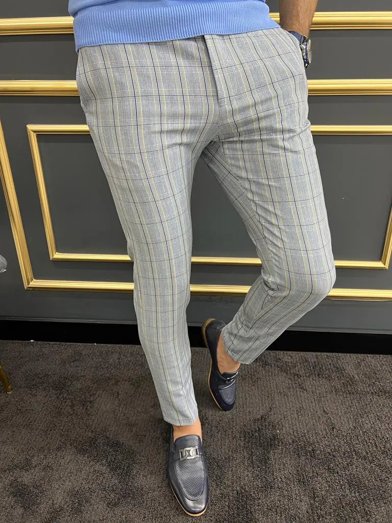 Tampa Blue Slim Fit Plaid Pants - Versatile & Elegant - BRABION