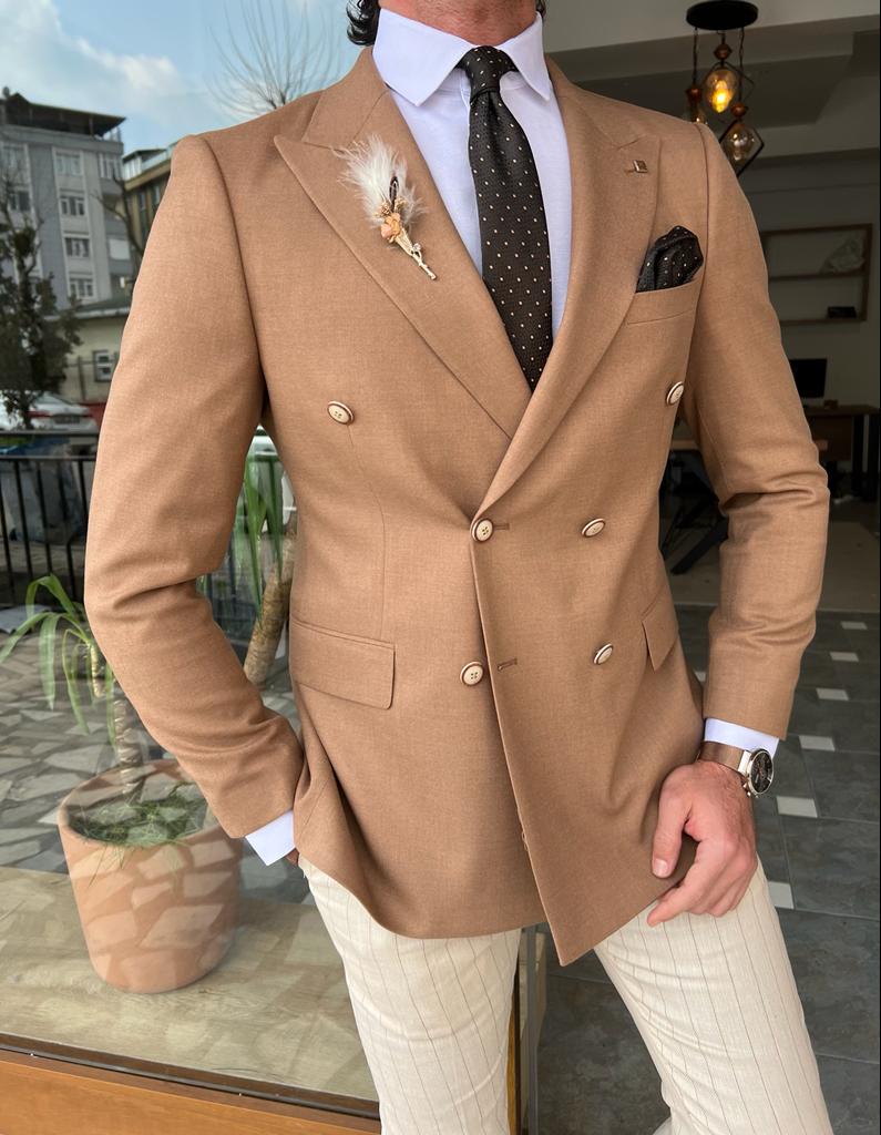 Tampa Brown Slim Fit Double Breasted Blazer Versatile Men's