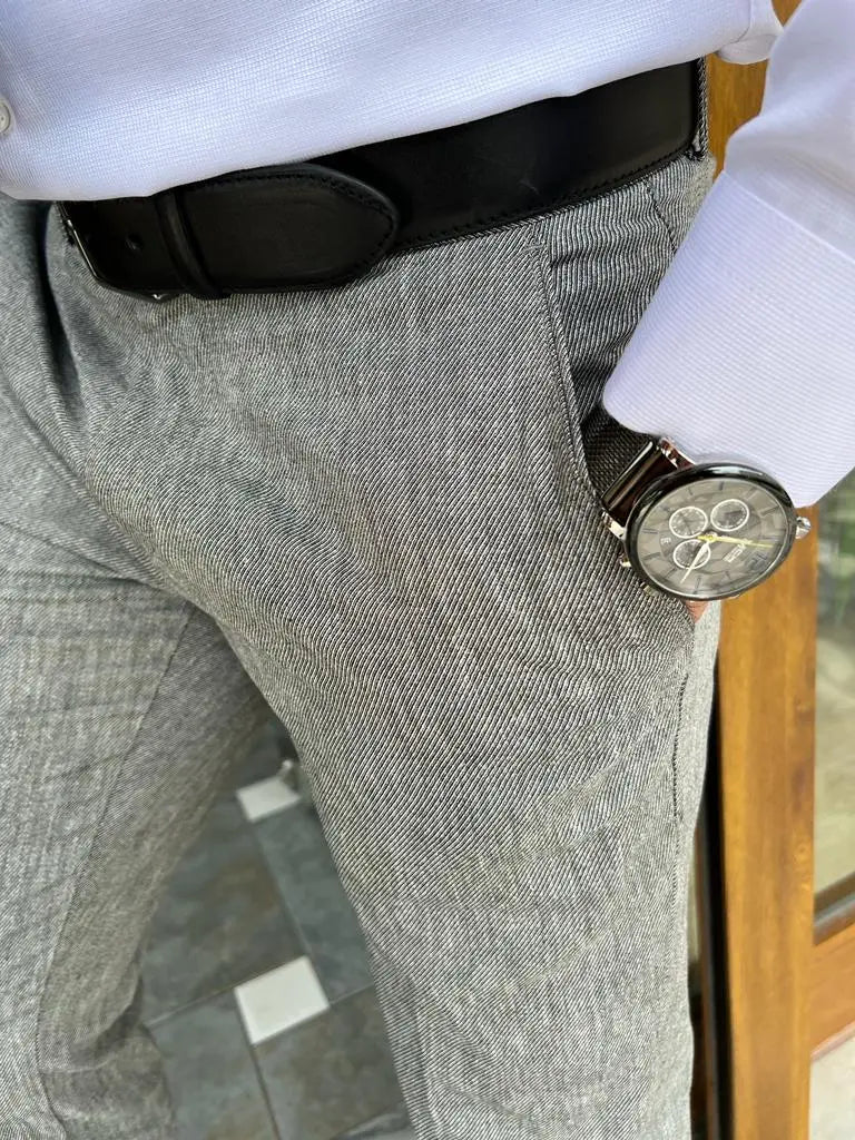 Tampa Gray Slim Fit Linen Pants for Men - BRABION