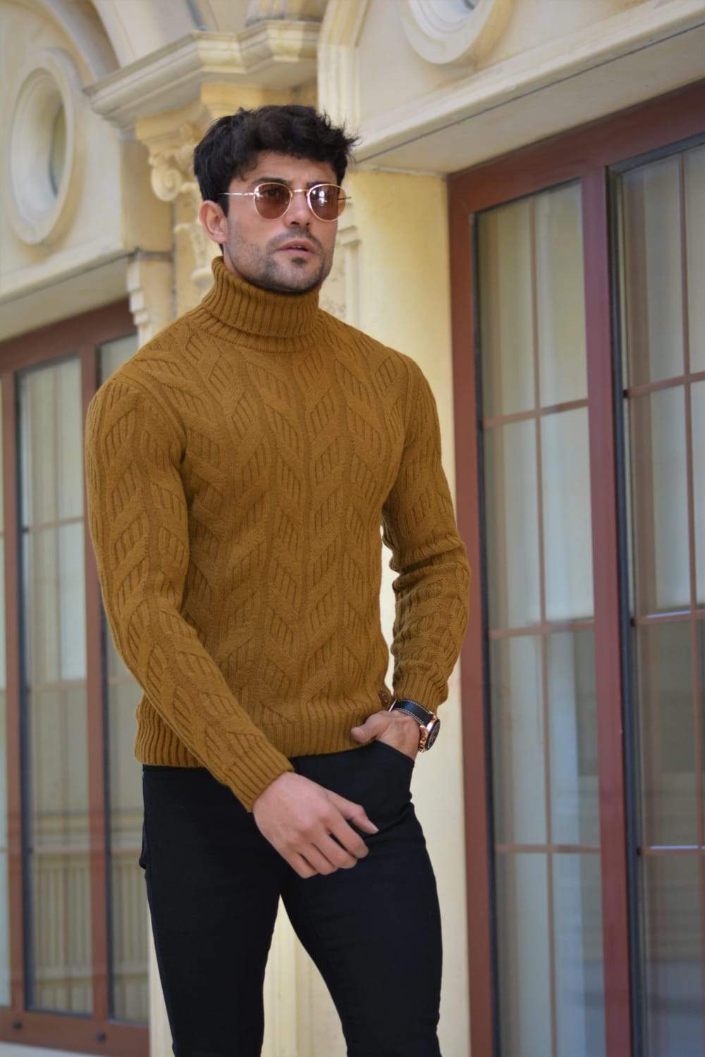 Vicenza Slim-fit Patterned Turtleneck Wool Knitwear in Camel