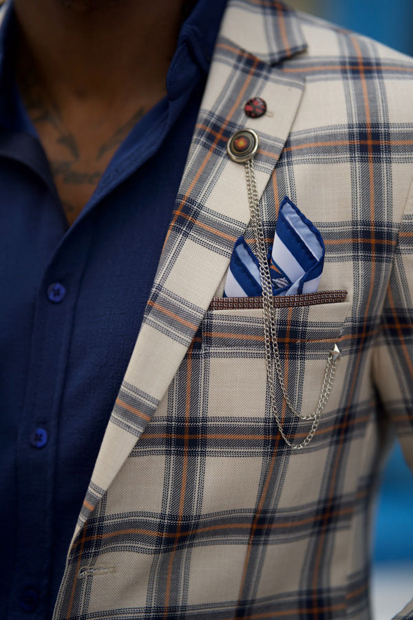 Evo Beige Slim Fit Notch Lapel Plaid Suit - Versatile Elegance for Every Occasion