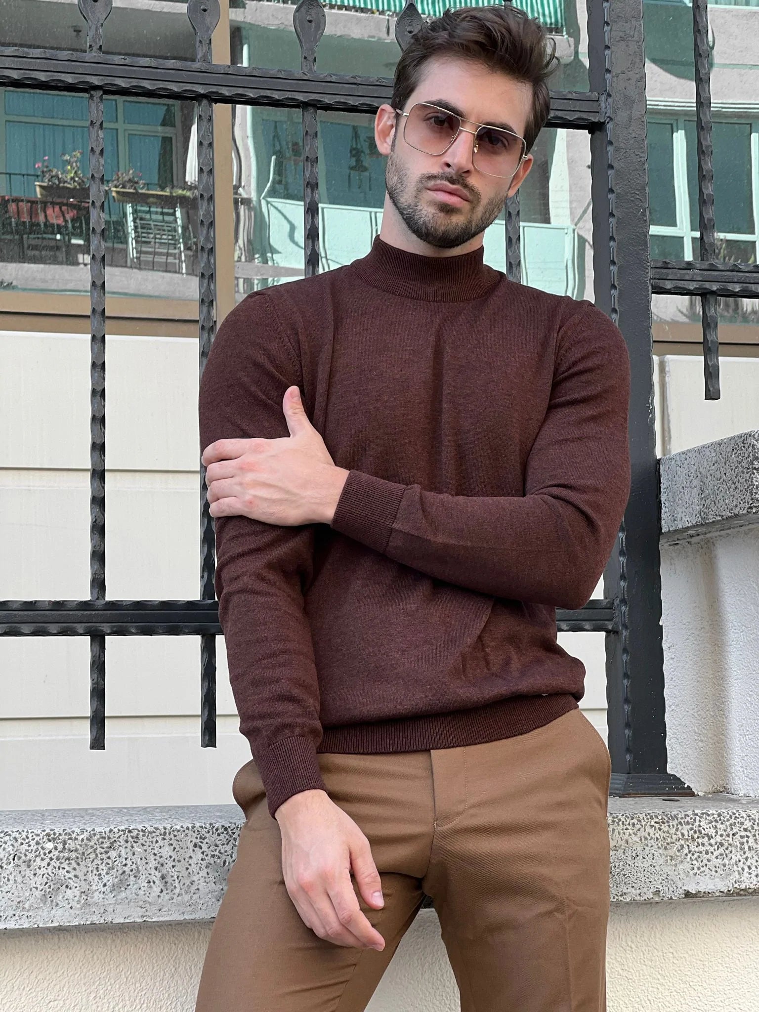 brown turtleneck men outfit