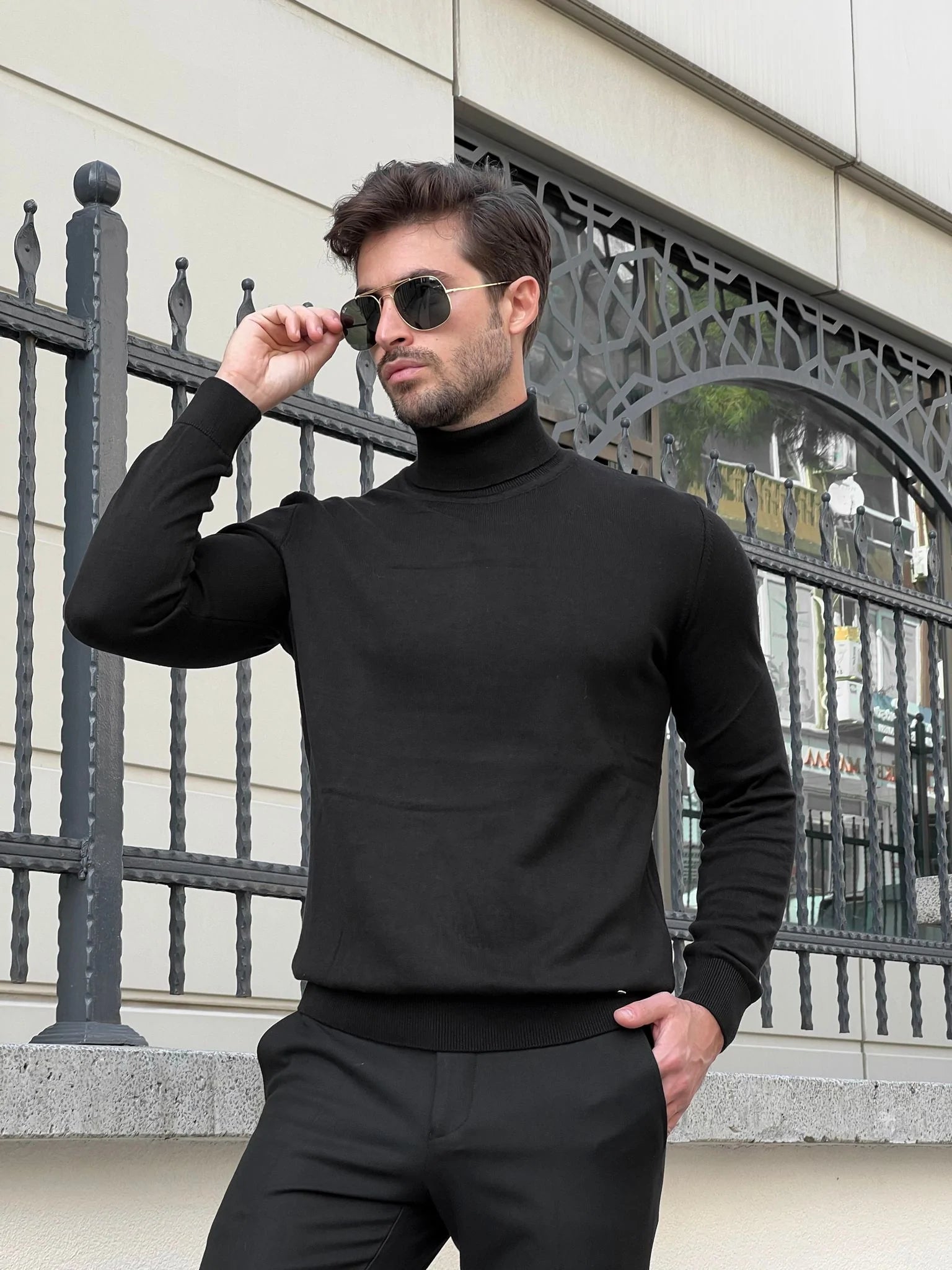 Black pants top black turtleneck