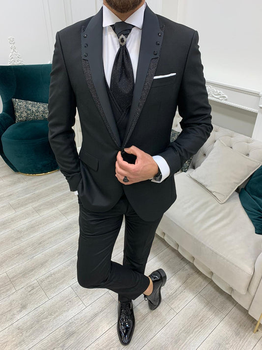 Forte Black Slim Fit Glitter Peak Lapel Wedding Suit