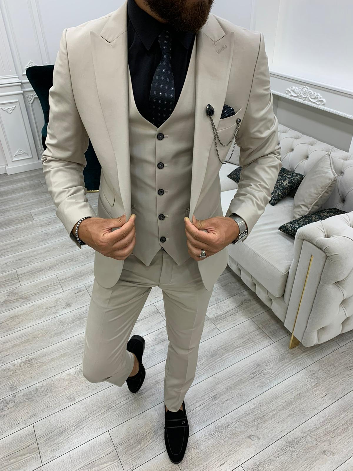 Beige Slim Fit 2 Piece Peak Lapel Suit for Men by