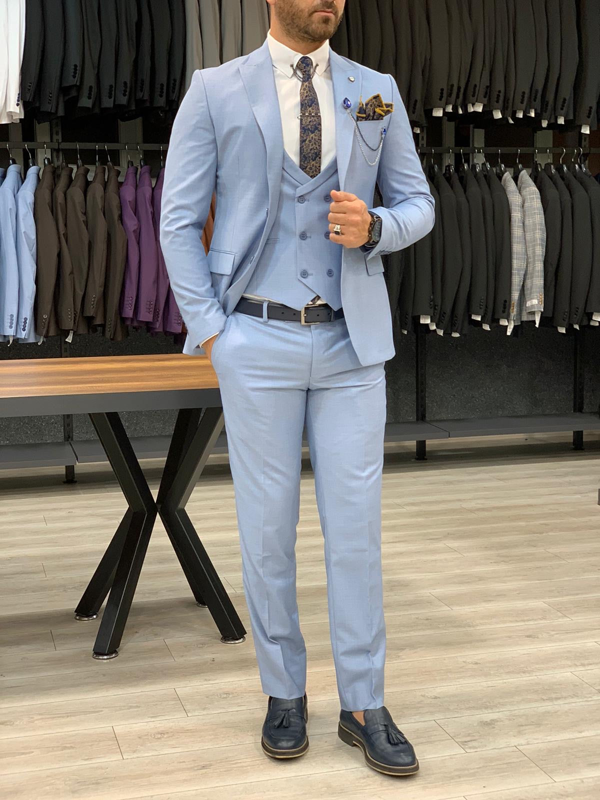 Eros Sky Blue Slim Fit Wool Suit for Every Occasion