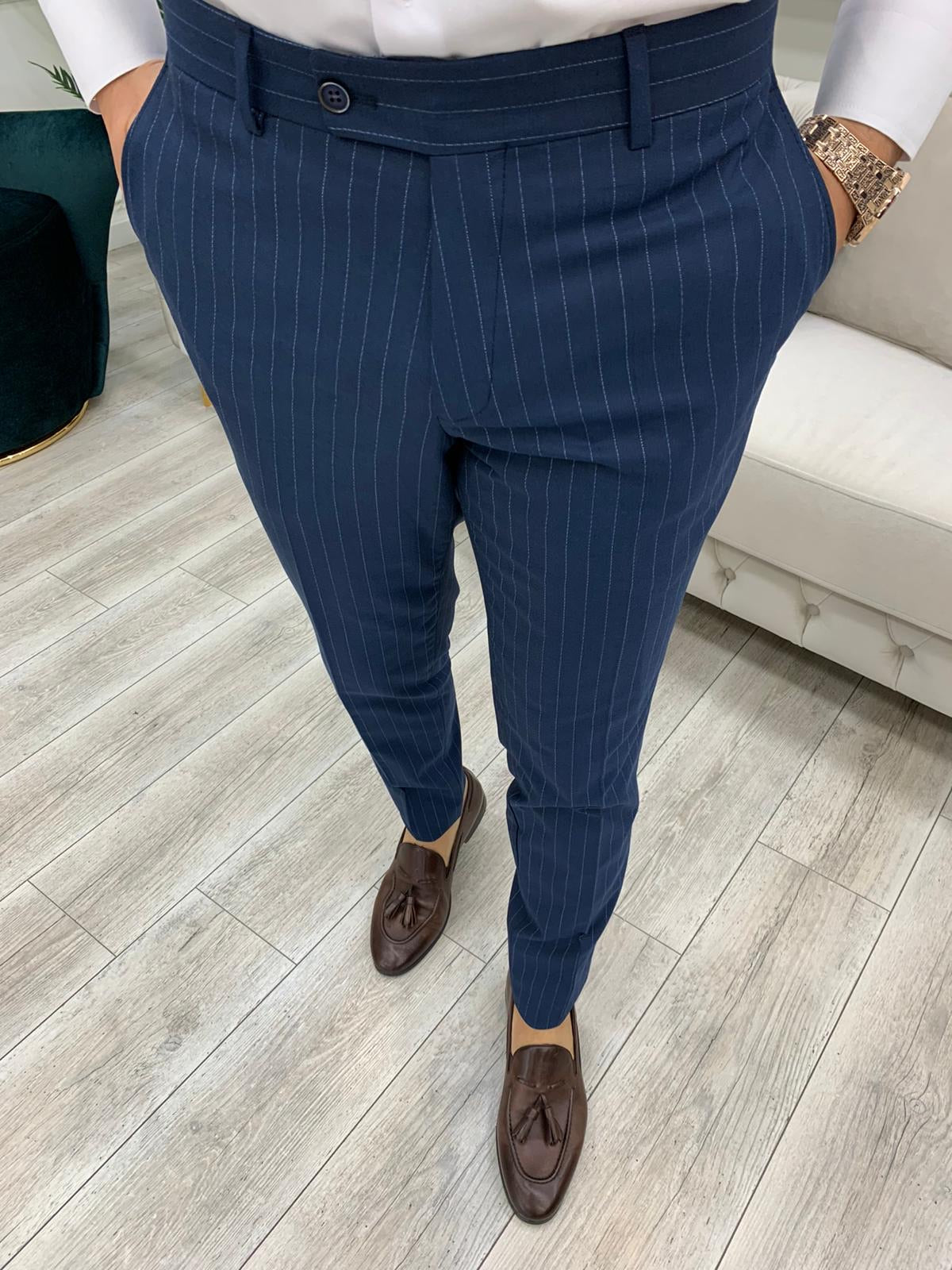 Milano Navy Blue Slim Fit Double Breasted Pinstripe Suit