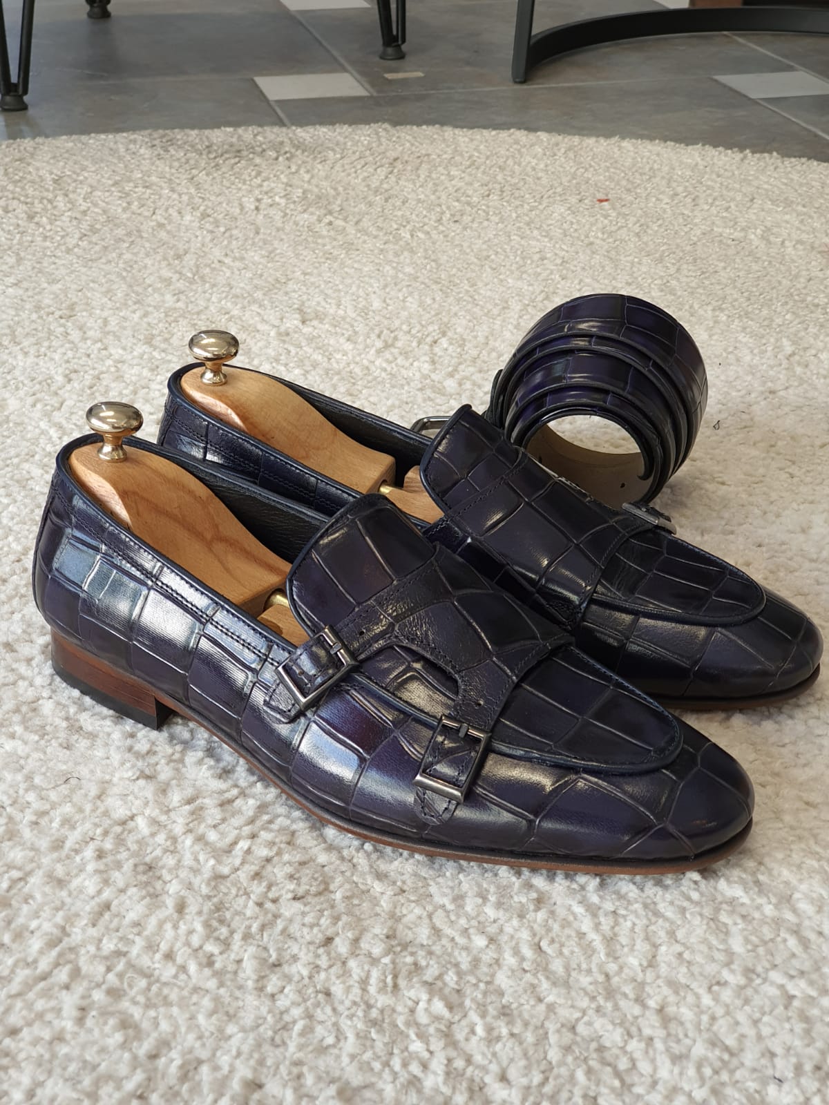 Livorno Navy Blue Double Monk Strap Loafers