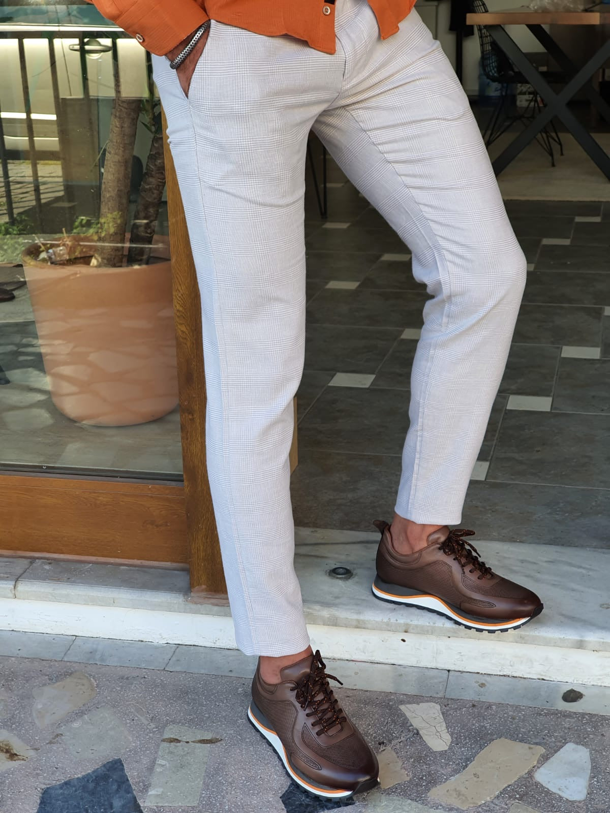 Bristol Beige Slim Fit Plaid Cotton Pants