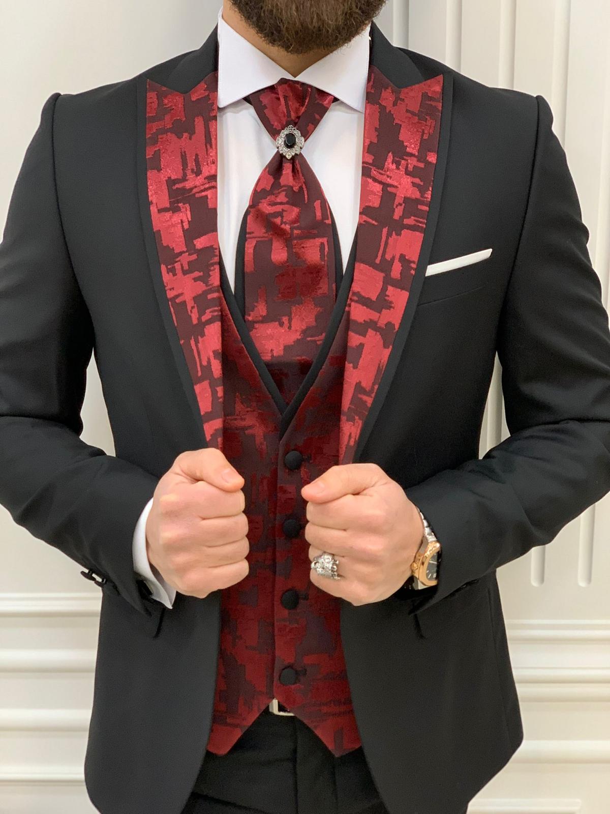 Paris Burgundy Black Slim Fit Peak Lapel Wedding Suit