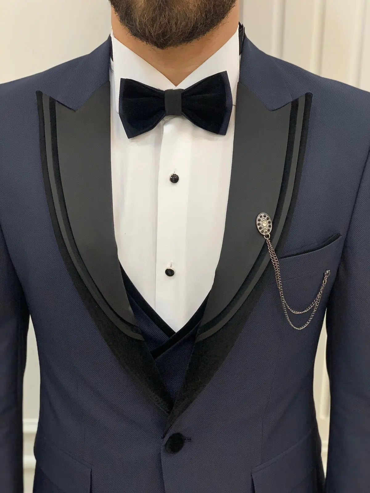 Eden Navy Blue Slim Fit Velvet Satin Peak Lapel Tuxedo - BRABION
