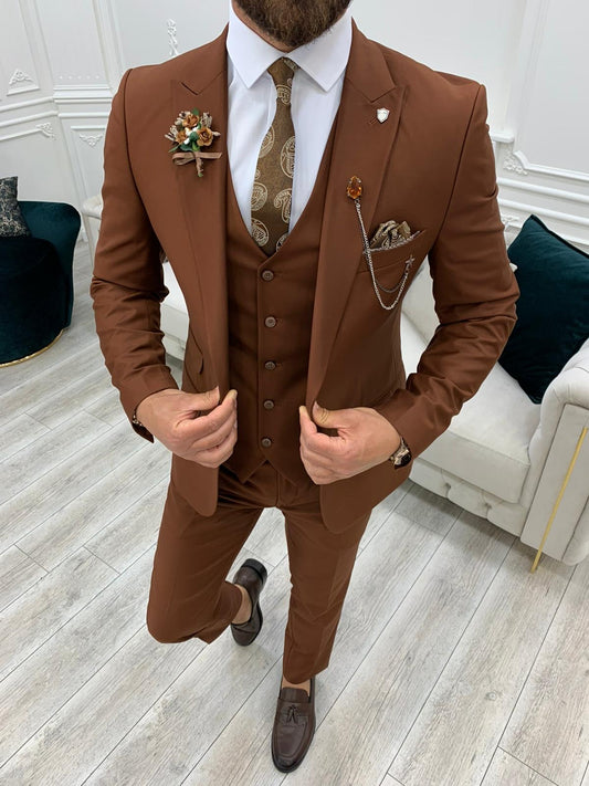 Lance Brown Slim Fit Three-Piece Suit
