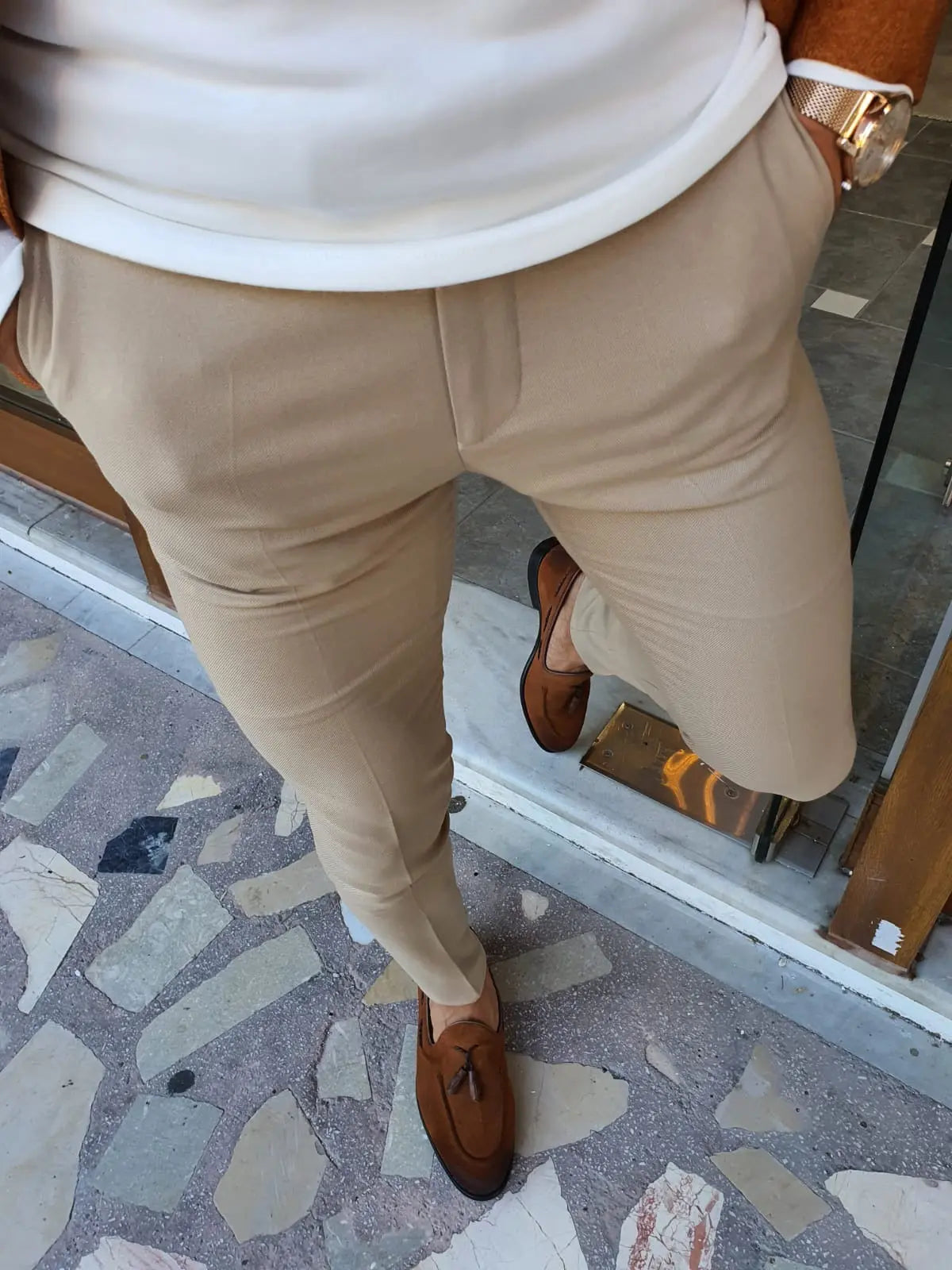 Stefano Beige Slim Fit Pants: Versatile Elegance for Every Occasion - BRABION