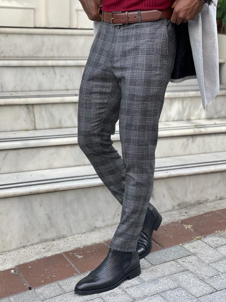 Lazio Black Slim Fit Plaid Pants