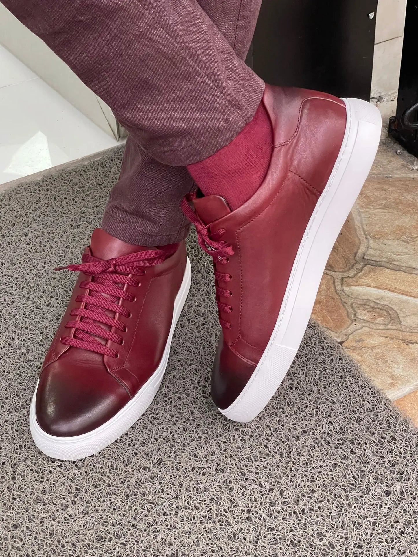 Martin Burgundy Lace-Up Mid-Top Sneakers - BRABION