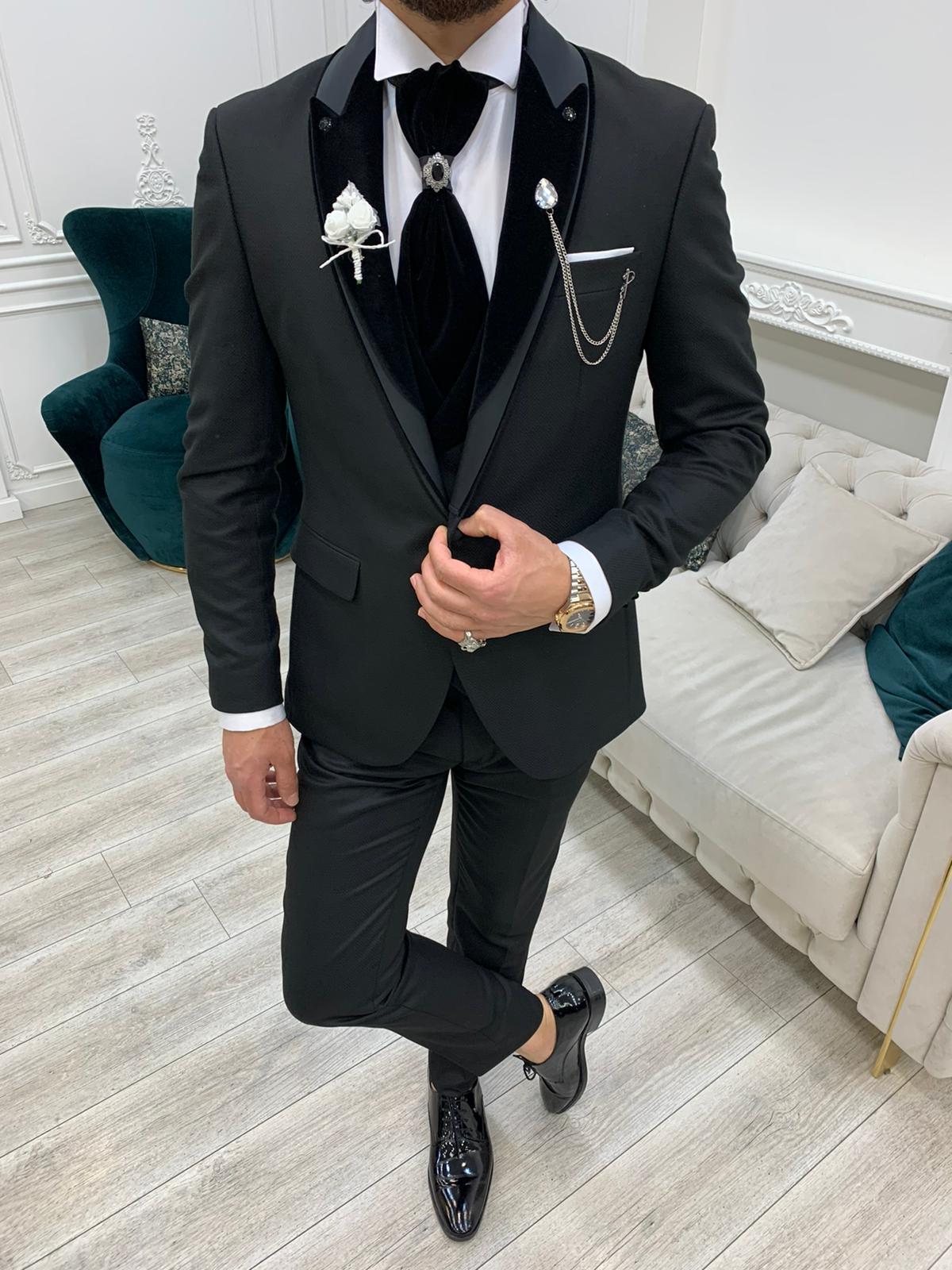 Forte Black Slim Fit Velvet Peak Lapel Wedding Suit