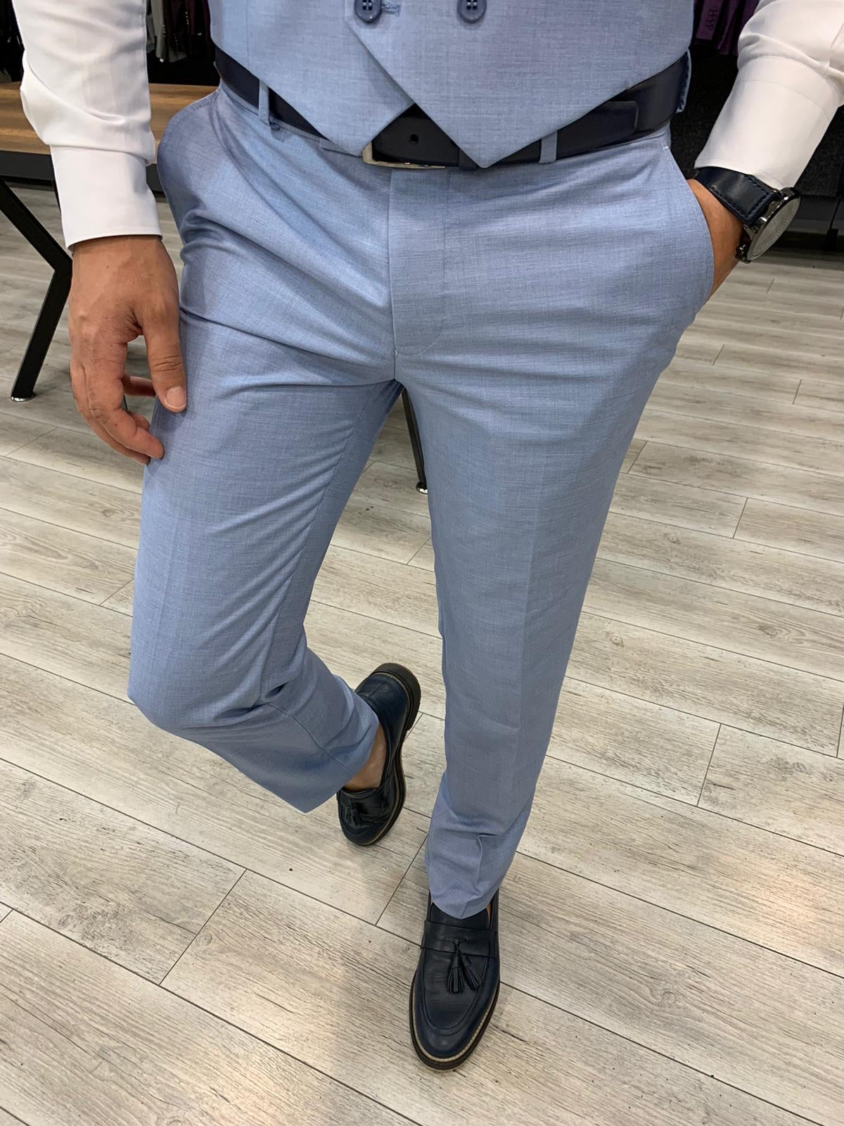 Eros Sky Blue Slim Fit Wool Suit for Every Occasion