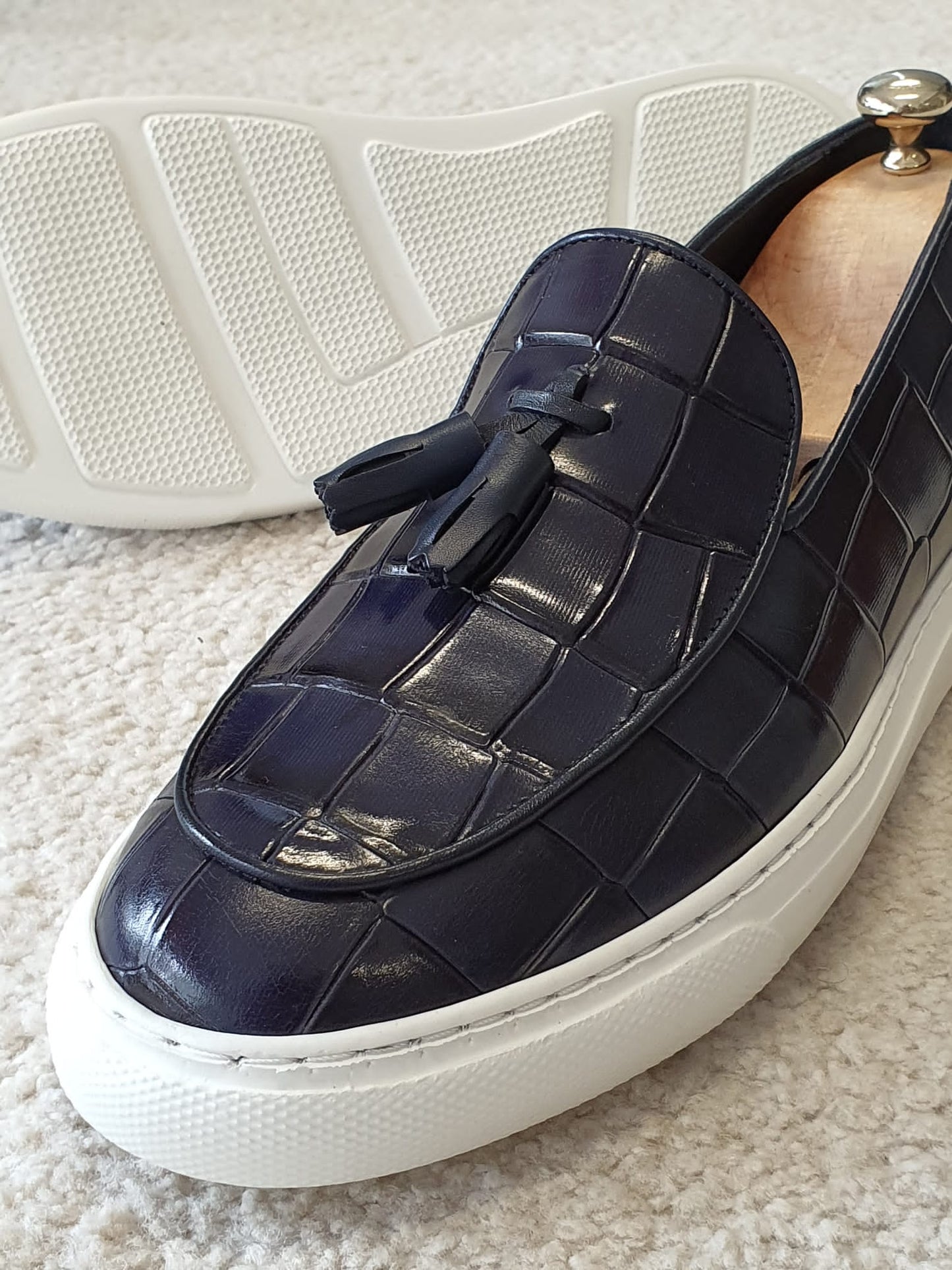 Berton Navy Blue Tassel Loafers: Sophisticated Elegance