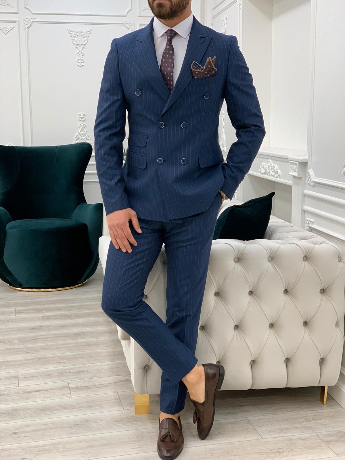 Milano Navy Blue Slim Fit Double Breasted Pinstripe Suit