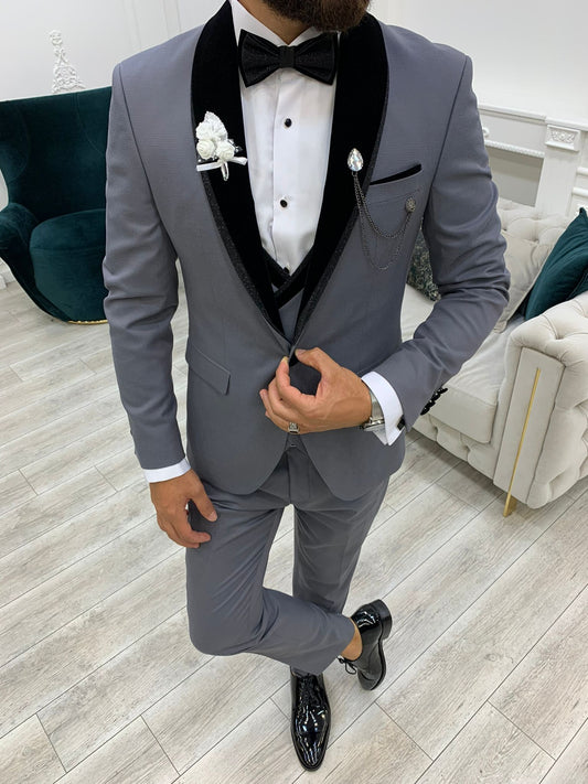 Acacia Gray Slim Fit Velvet Shawl Lapel Tuxedo