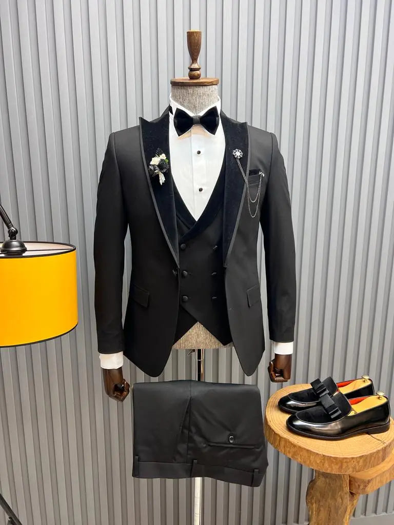 Sorento Black Slim Fit Velvet Peak Lapel Tuxedo – Elegant Formalwear for Men - BRABION