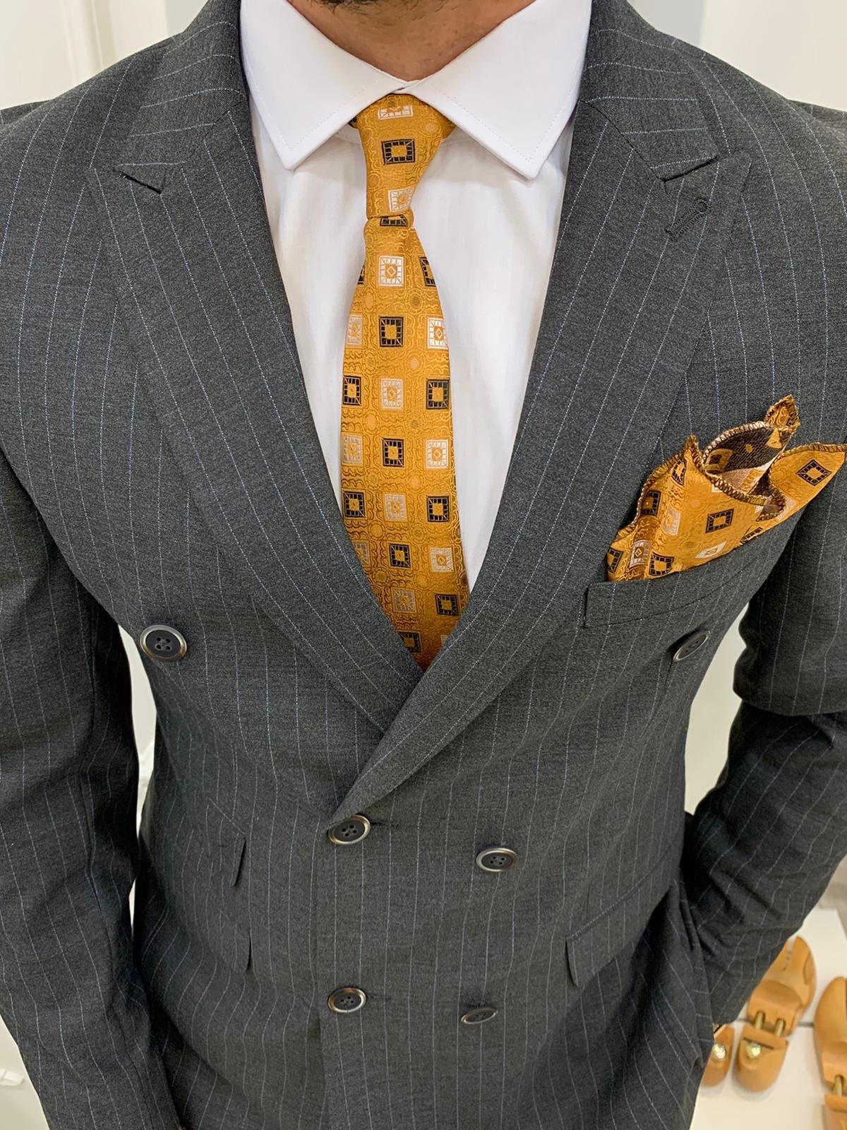 Milano Gray Slim Fit Double Breasted Pinstripe Suit