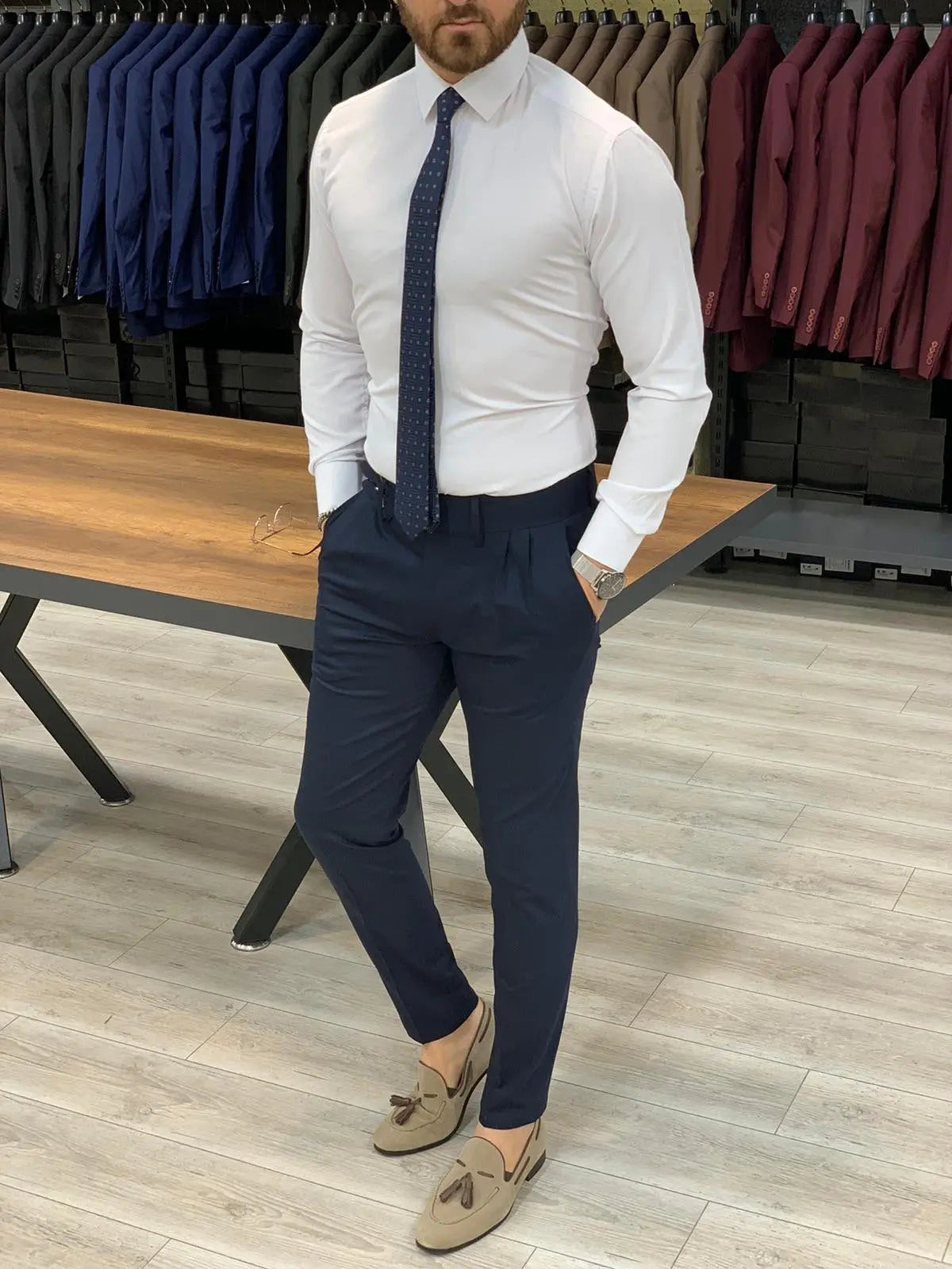 Jake Navy Double Pleated Buckled Slim Pants - Modern Elegance for Every Occasion - BRABION